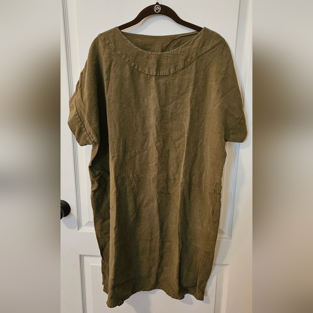 Siruela Olive Green Linen Dress Medium